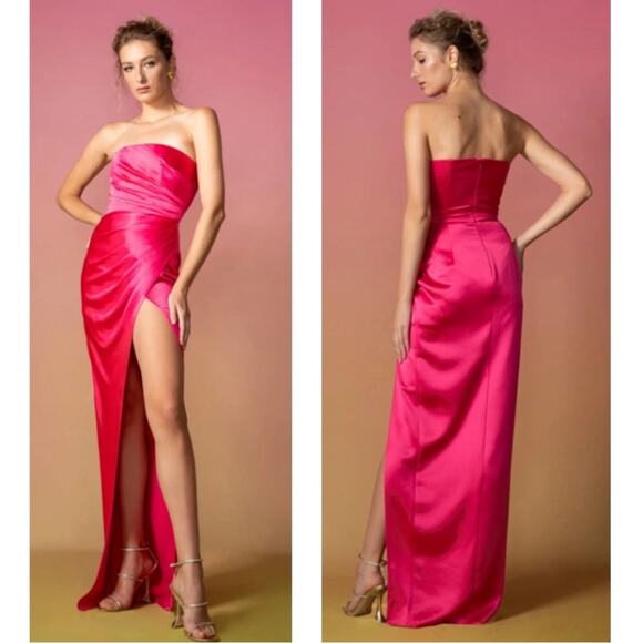 Sau Lee Priyanka Ruched Strapless Hot Pink Maxi Dress Size 8 - Picture 1 of 10